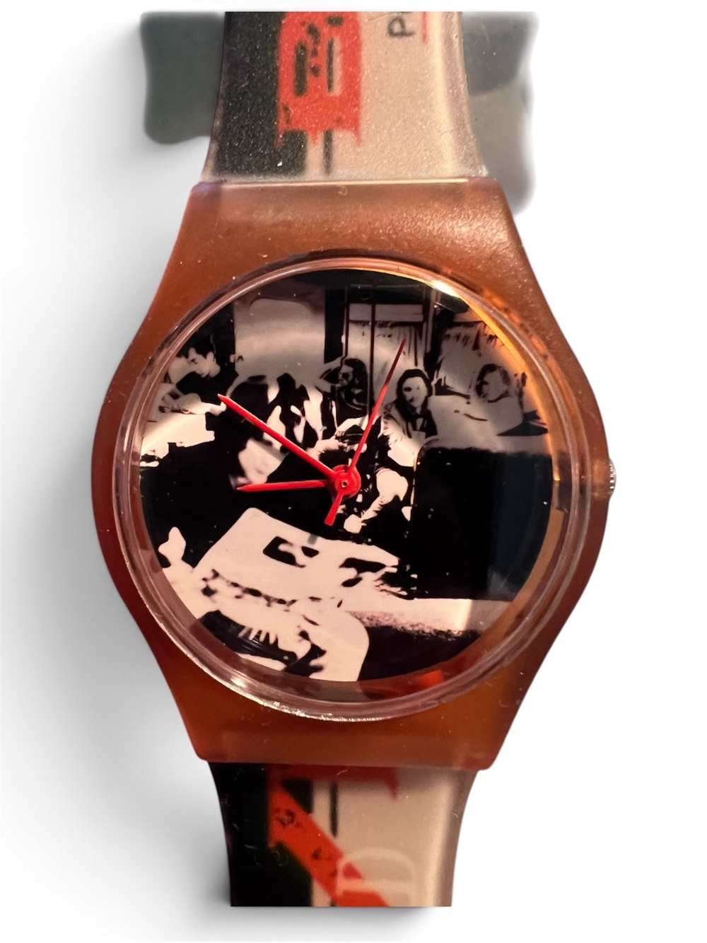 Swatch Bon Jovi Brown Retro Graphic Analog Watch with Red Hands